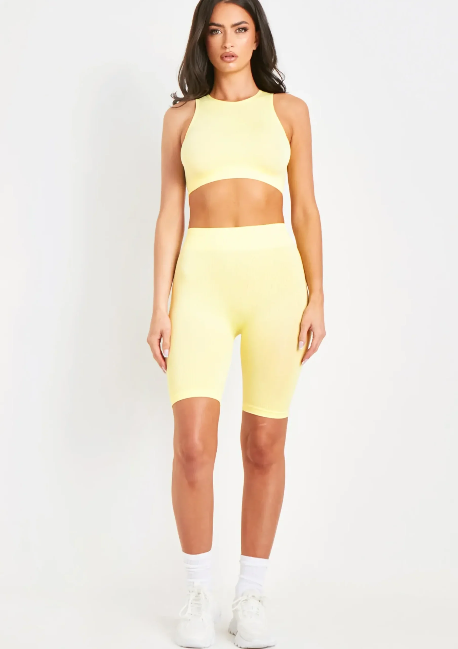 Jacqueline Lemon Seamless Ribbed Racer Crop Top^Missy Empire Shop