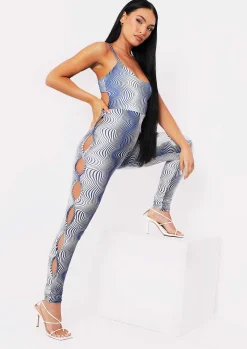 Clearance Jade Blue Printed Cut Out Detail Jumpsuit Women Jumpsuits & Playsuits