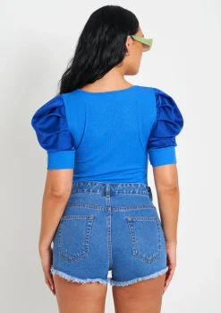 Jade Blue Puff Sleeve Square Neck Bodysuit^Missy Empire Clearance