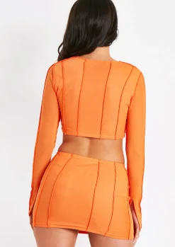 Jaliyah Orange Mesh Contrast Seam Lace Up Long Sleeve Crop Top^Missy Empire Store