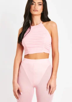 Janelle Pink Mesh Halter Neck Ruched Top^Missy Empire Clearance