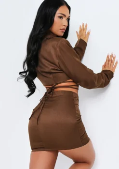 Janie Chocolate Tailored Tie Waisted Cropped Blazer Co-Ord^Missy Empire Clearance