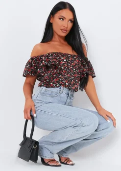 Jasleen Black Floral Printed Frill Detail Crop Top^Missy Empire Cheap