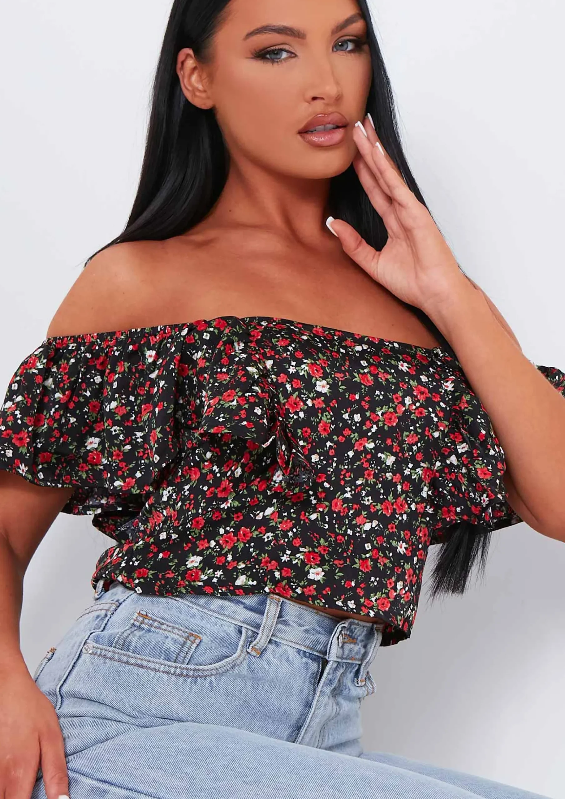 Jasleen Black Floral Printed Frill Detail Crop Top^Missy Empire Cheap