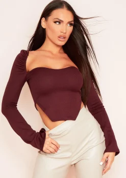 Jasmine Chocolate Ribbed Long Sleeve Corset Top^Missy Empire Store