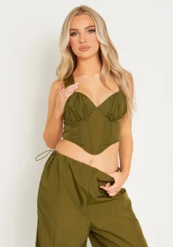 Jaycie Khaki Ruched Bust Crop Corset^Missy Empire Cheap