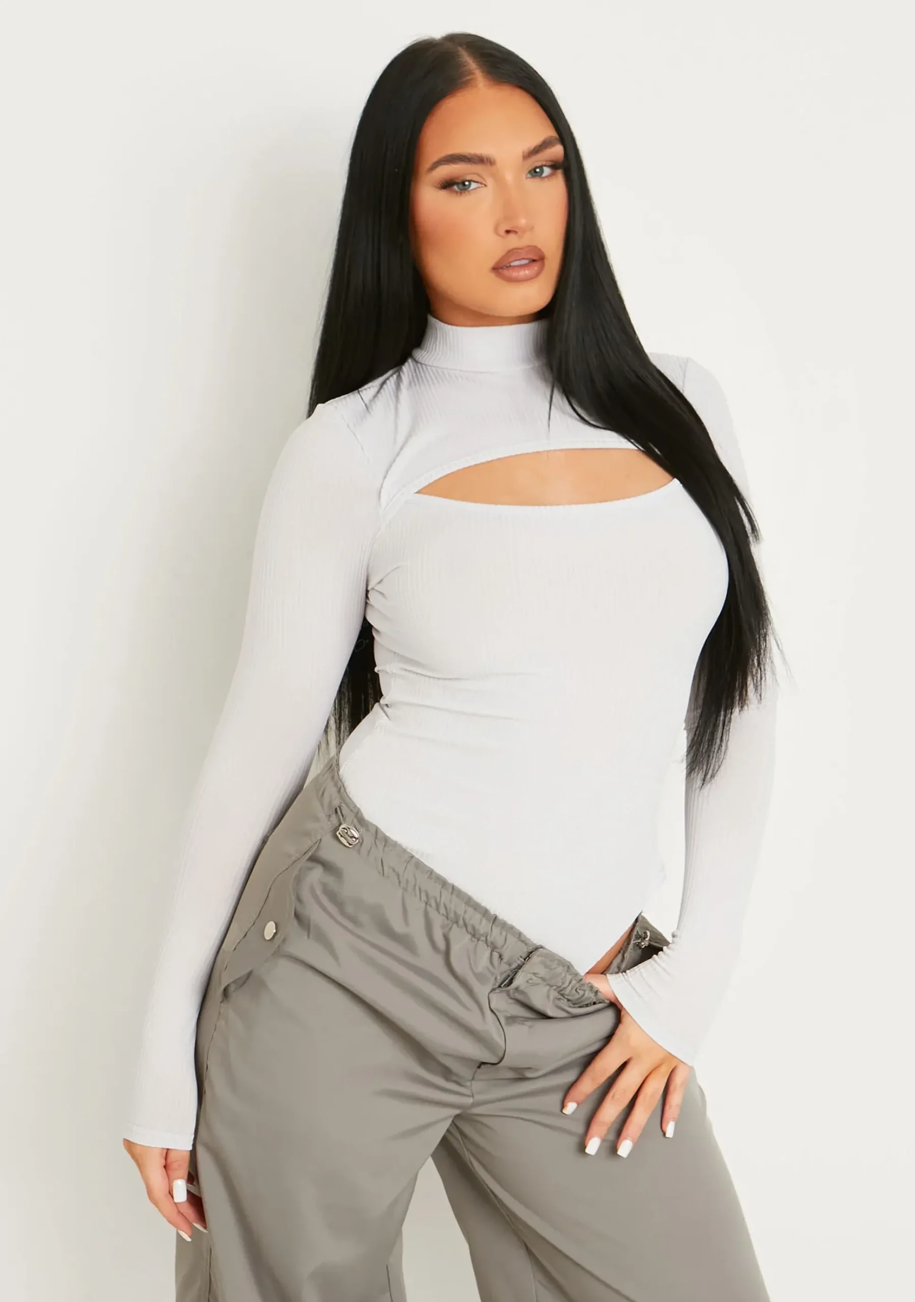 Jayla Grey Ribbed Cut Out Turtle Neck Bodysuit^Missy Empire Outlet