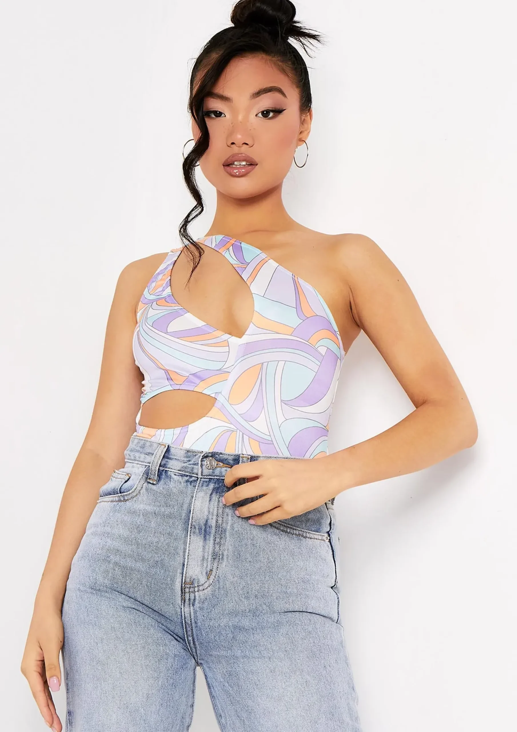 Jazmin Lilac Printed One Shoulder Cut Out Bodysuit^Missy Empire Clearance