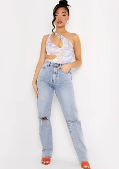 Jazmin Lilac Printed One Shoulder Cut Out Bodysuit^Missy Empire Clearance