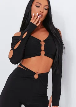 Jenna Black Ring Detail Shoulder Cut Out Crop Top^Missy Empire Store