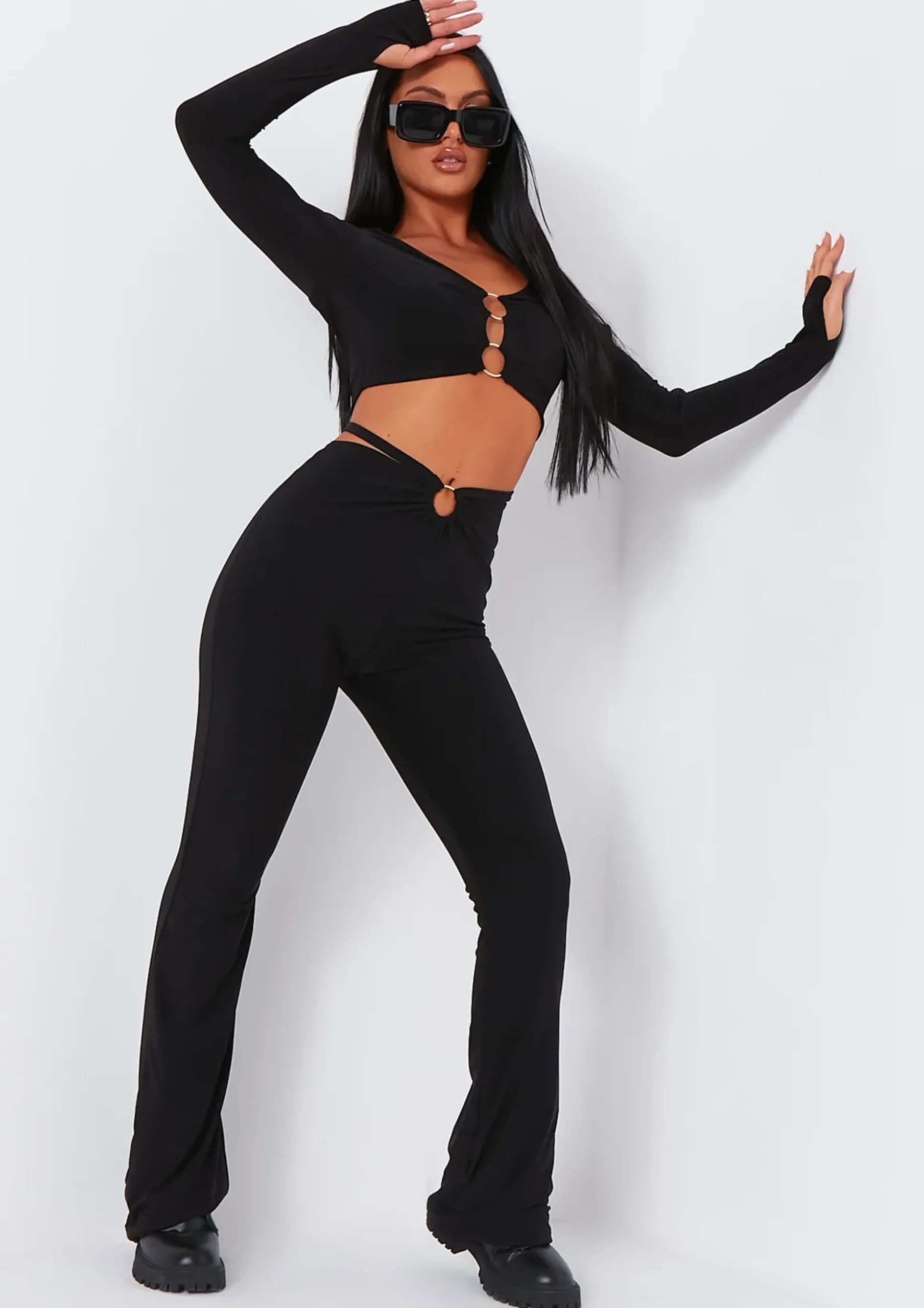 Jenna Black Ring Detail Shoulder Cut Out Crop Top^Missy Empire Store