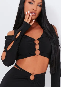 Jenna Black Ring Detail Shoulder Cut Out Crop Top^Missy Empire Store
