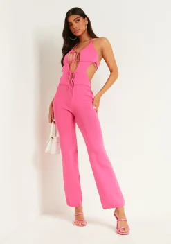 Hot Jenny Pink Knitted Cut Out Tie Front Jumpsuit Women Jumpsuits & Playsuits