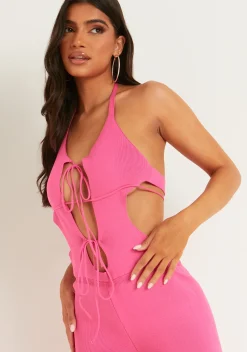 Hot Jenny Pink Knitted Cut Out Tie Front Jumpsuit Women Jumpsuits & Playsuits