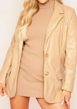 Jess Beige Faux Leather Oversized Blazer^Missy Empire Best