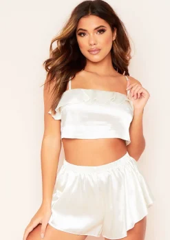 Discount Jessica Ivory Satin Frill Pyjama Crop Top Women Nightwear