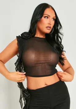 Jessica Black Flower Mesh Top^Missy Empire Hot