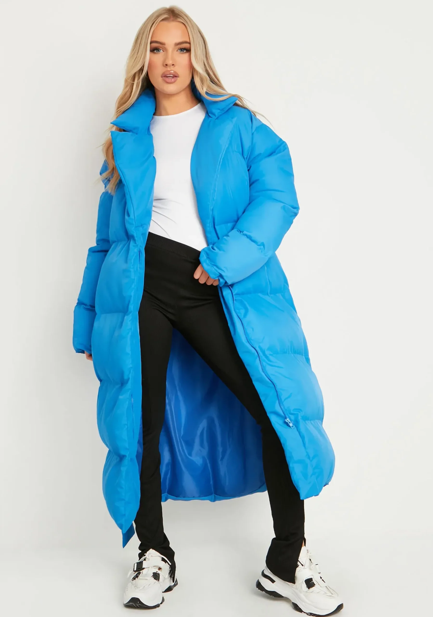 Best Sale Jodie Blue Tie Waist Longline Puffer Coat Women Loungewear
