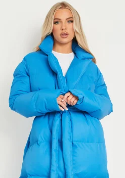 Best Sale Jodie Blue Tie Waist Longline Puffer Coat Women Loungewear