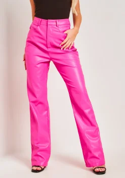 Fashion Jourdana Pink Pu High Waisted Trouser Women Trousers
