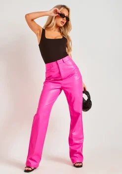 Fashion Jourdana Pink Pu High Waisted Trouser Women Trousers