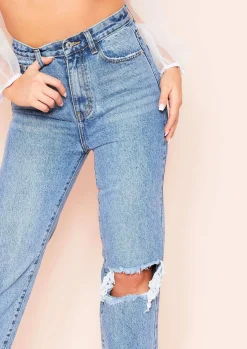 Juditha Denim Ripped Knee Straight Leg Jeans^Missy Empire Store