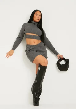 Juno Grey Knitted V Shape Mini Skirt Co-Ord^Missy Empire Outlet