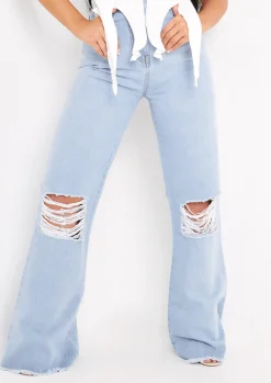 Justine Light Blue Wash Wide Leg Ripped Denim Jeans^Missy Empire Store