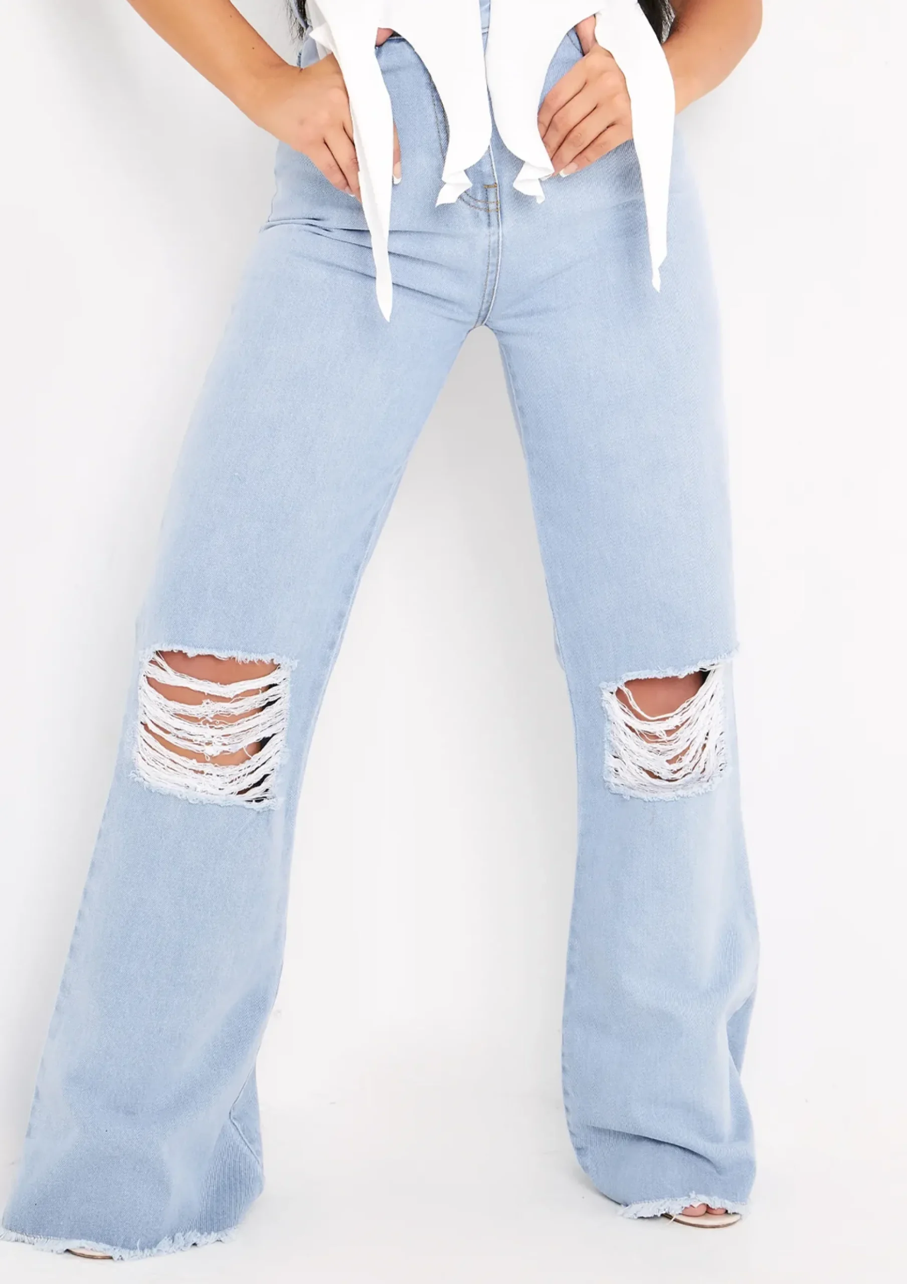 Justine Light Blue Wash Wide Leg Ripped Denim Jeans^Missy Empire Store