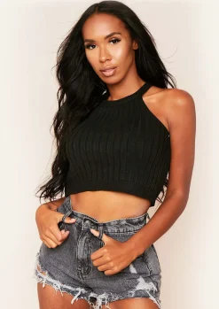 Kacey Black Ribbed Knit Sleeveless Crop Top^Missy Empire Discount