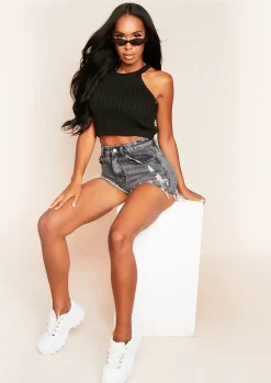 Kacey Black Ribbed Knit Sleeveless Crop Top^Missy Empire Discount