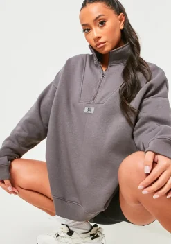 Kadie Charcoal Missy Sport Quarter Zip Oversized Sweatshirt^Missy Empire Outlet