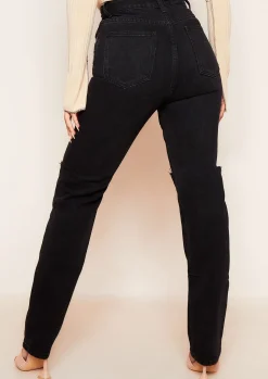 Kady Black Slashed Knee Straight Leg Jeans^Missy Empire Hot