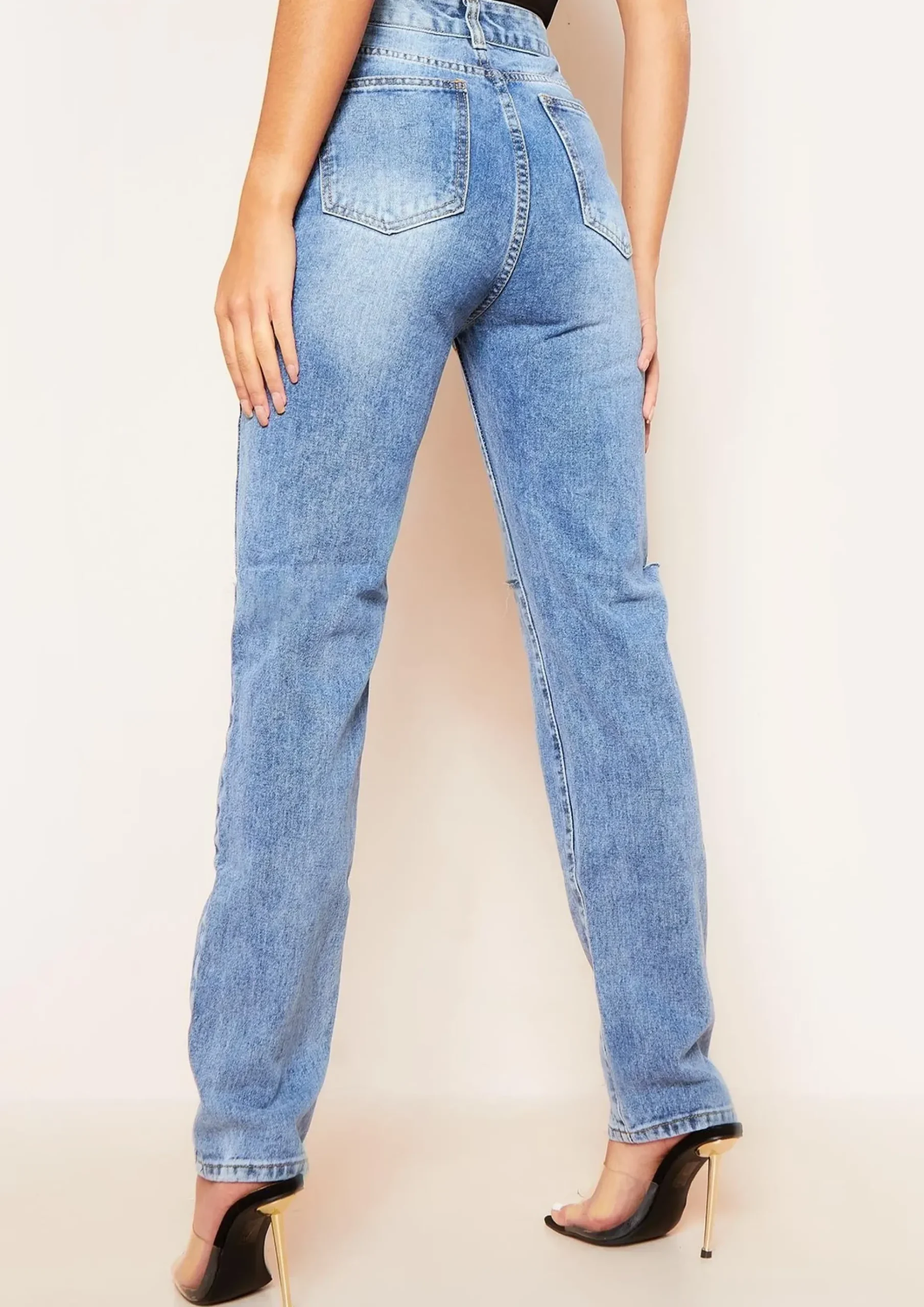 Kady Dark Blue Mid Wash Slashed Knee Straight Leg Jeans^Missy Empire Fashion