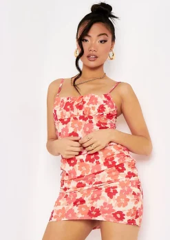 Clearance Kaiya Coral Floral Ruched Front Strappy Mini Dress Women Dresses