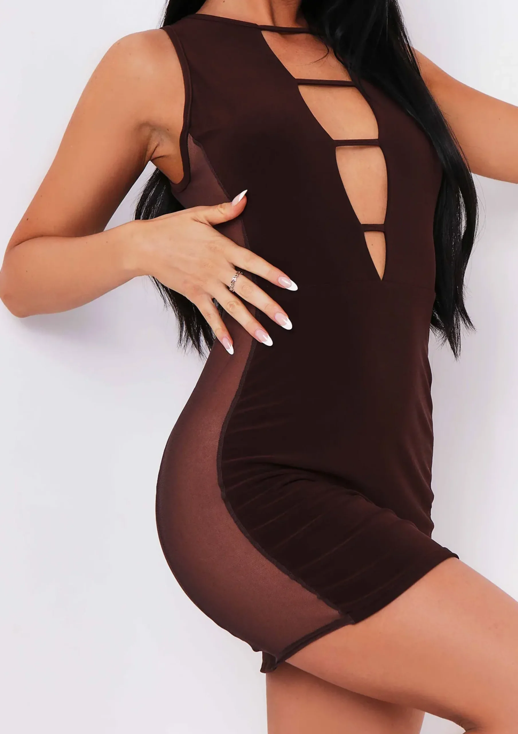 Clearance Kali Chocolate Mesh Side Cut Out Mini Dress Women Dresses