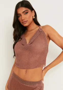Kali Bronze Metallic Knit Cowl Top^Missy Empire Sale