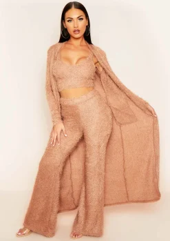 New Kara Tan Fluffy Knit Pocket Front Maxi Cardigan Women Loungewear