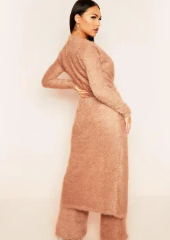 New Kara Tan Fluffy Knit Pocket Front Maxi Cardigan Women Loungewear
