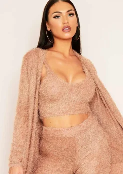 New Kara Tan Fluffy Knit Pocket Front Maxi Cardigan Women Loungewear