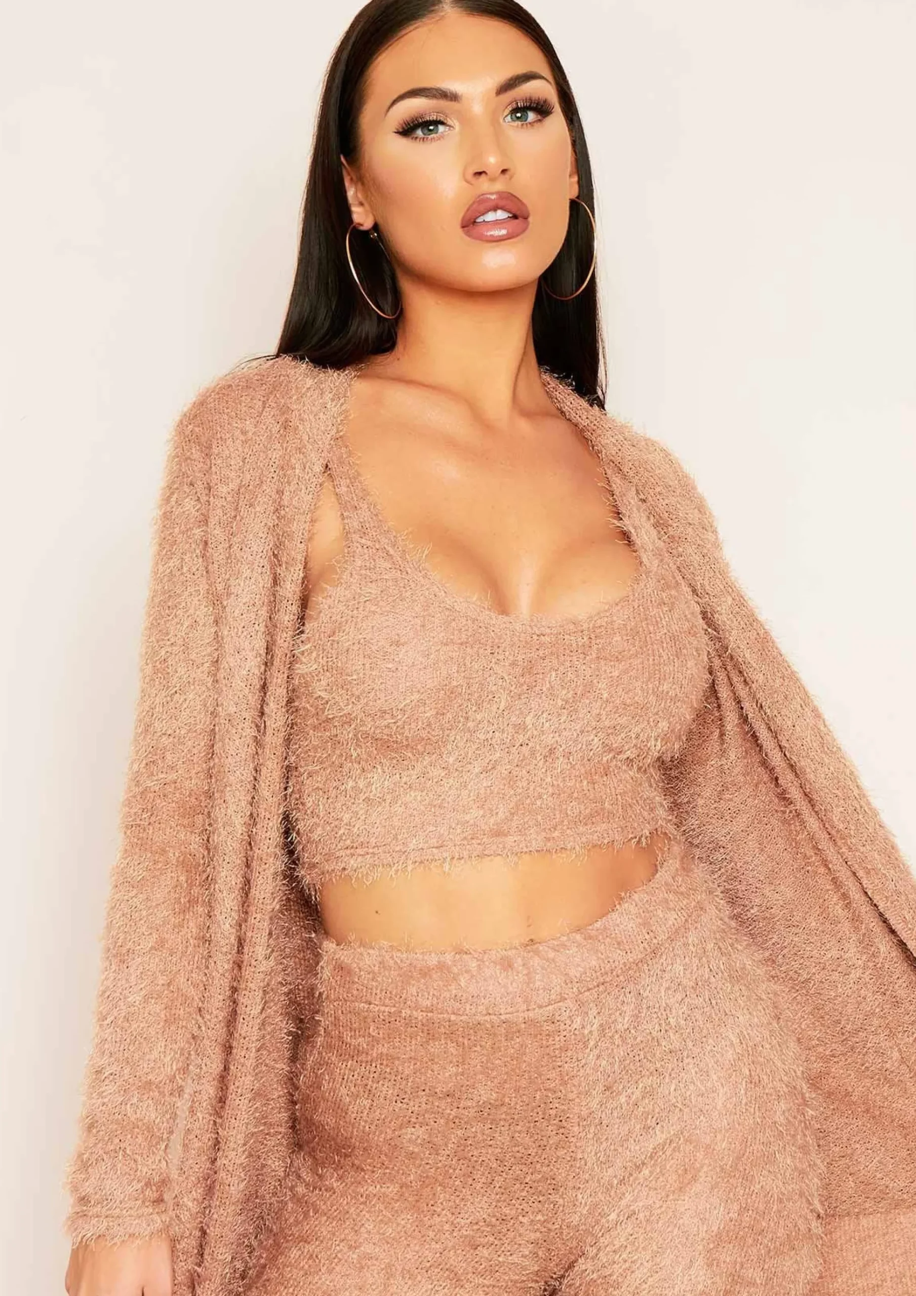 New Kara Tan Fluffy Knit Pocket Front Maxi Cardigan Women Loungewear