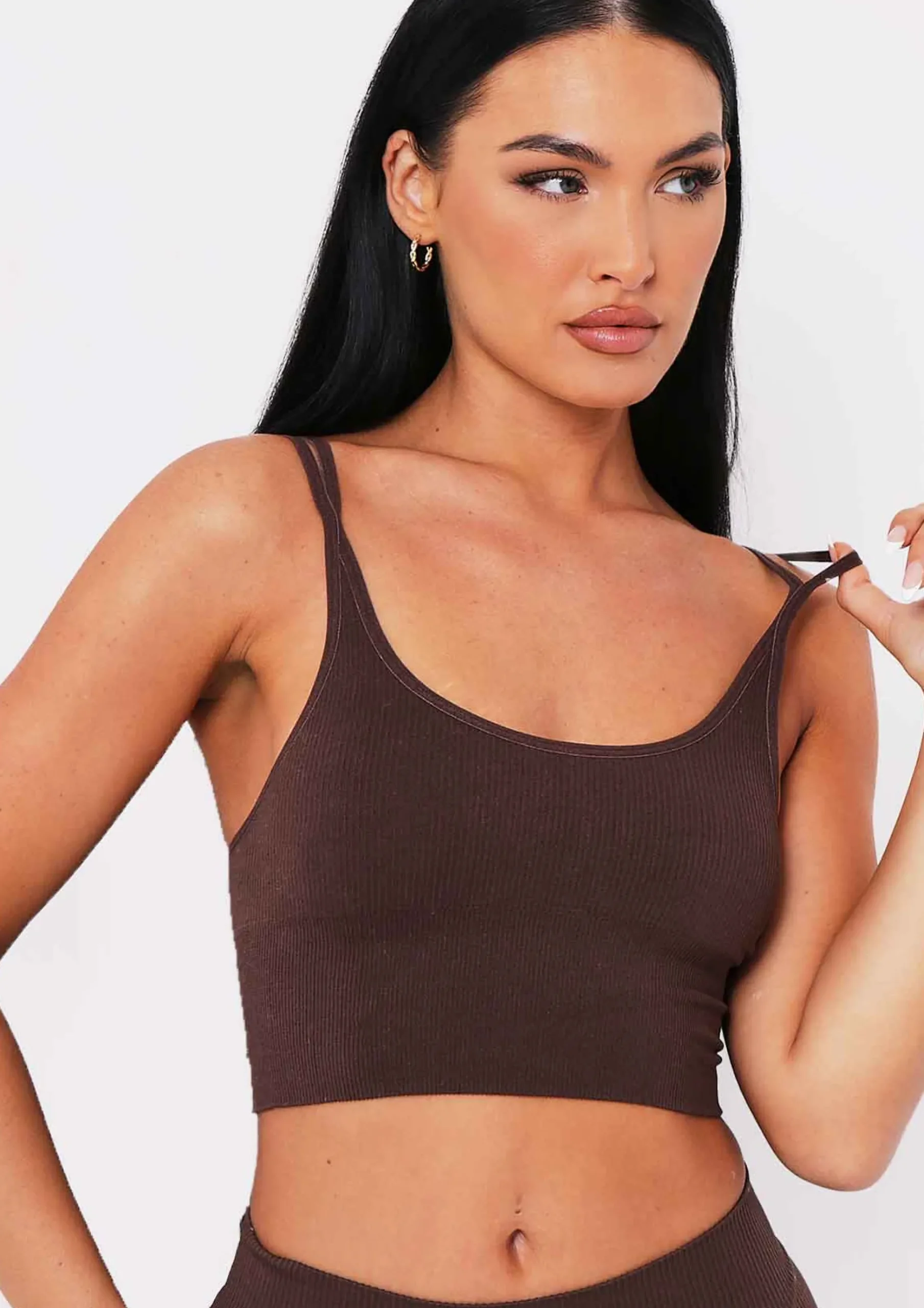 Kara Chocolate Seamless Ribbed Scoop Neck Double Strap Crop Top^Missy Empire Clearance