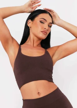 Kara Chocolate Seamless Ribbed Scoop Neck Double Strap Crop Top^Missy Empire Clearance