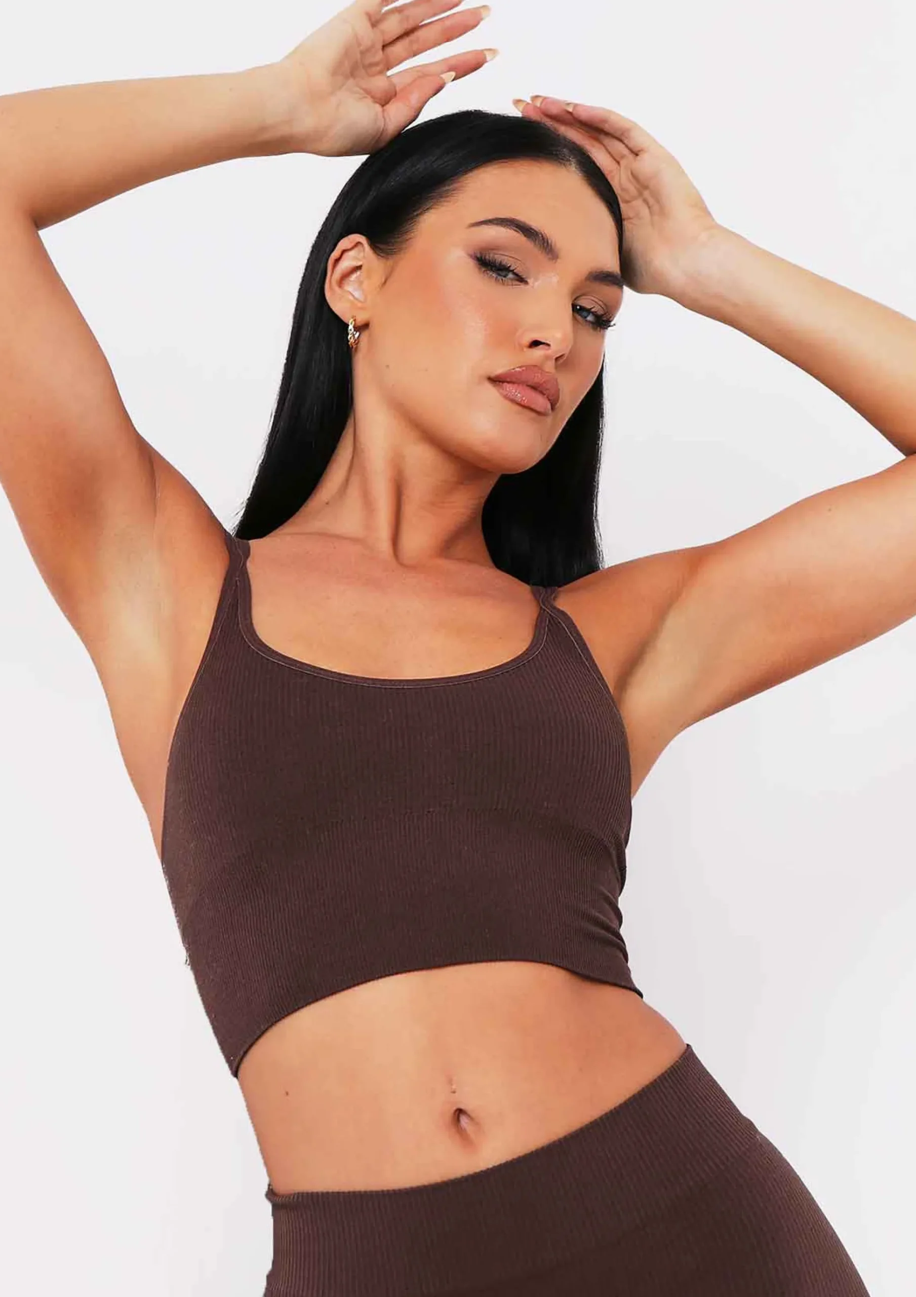 Kara Chocolate Seamless Ribbed Scoop Neck Double Strap Crop Top^Missy Empire Clearance