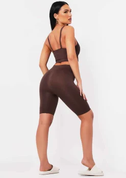 Kara Chocolate Seamless Ribbed Scoop Neck Double Strap Crop Top^Missy Empire Clearance