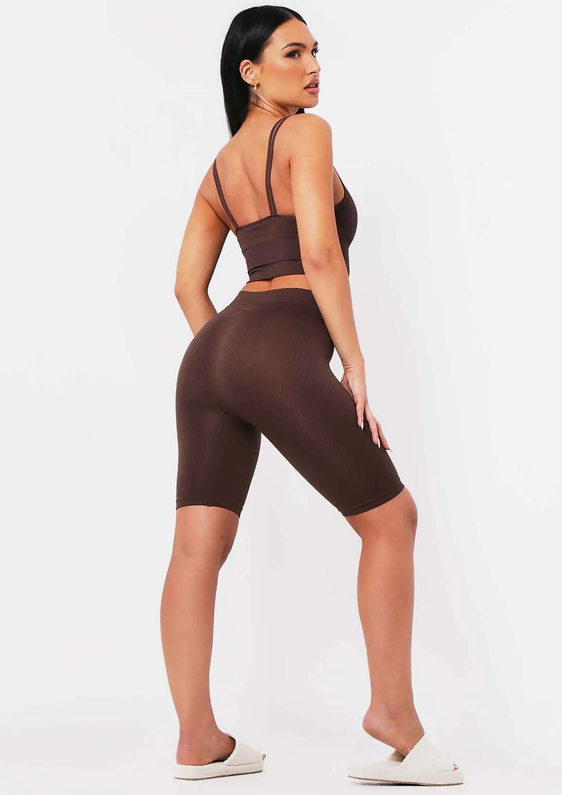 Kara Chocolate Seamless Ribbed Scoop Neck Double Strap Crop Top^Missy Empire Clearance