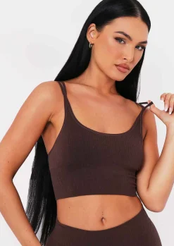 Kara Chocolate Seamless Ribbed Scoop Neck Double Strap Crop Top^Missy Empire Clearance