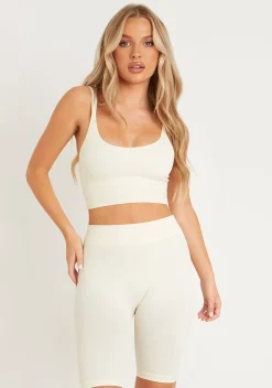 Kara Cream Seamless Ribbed Scoop Neck Double Strap Crop Top^Missy Empire Clearance