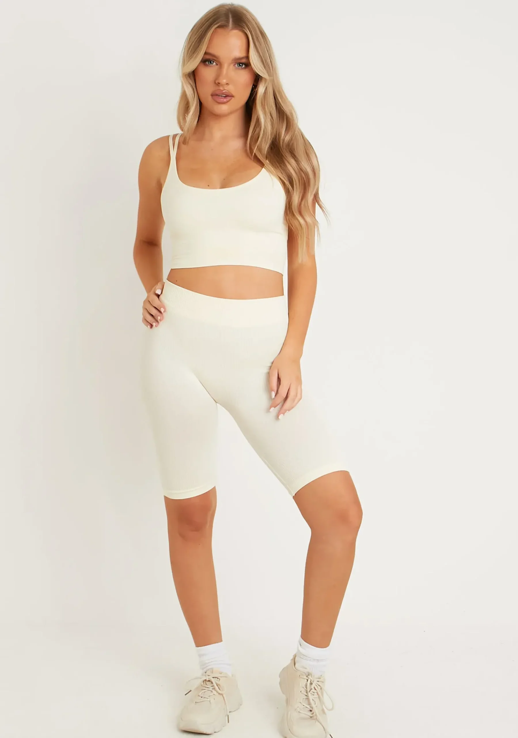 Kara Cream Seamless Ribbed Scoop Neck Double Strap Crop Top^Missy Empire Clearance