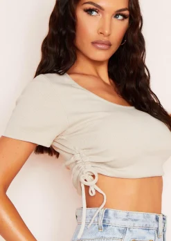 Karin Beige Ruched Side Crop Ribbed T-Shirt^Missy Empire Sale